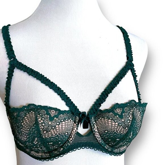 Adore Me 32B Bra Green Kimmy Push Up Balconette Underwire Lace Removable Pads - Picture 2 of 8